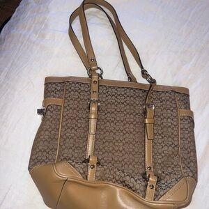 Coach Brown and Tan Signature Shoulder Bag